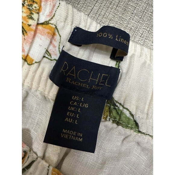 Rachel Roy Linen Pants Womens L Ivory Floral Wide Leg Elastic Waist - Picture 2 of 6